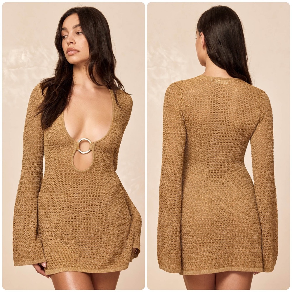 Monday Swimwear Womens Montego Antique Gold Lace Crochet Beach Mini Dress Size P